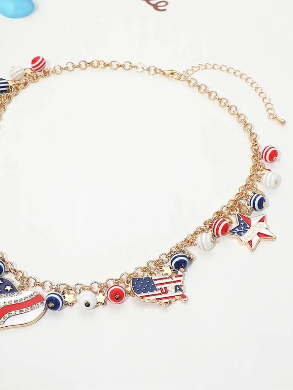 American USA Flag Patriotic Heart Flip Flop Map Charm Beaded Statement Necklace - Picture 3 of 3